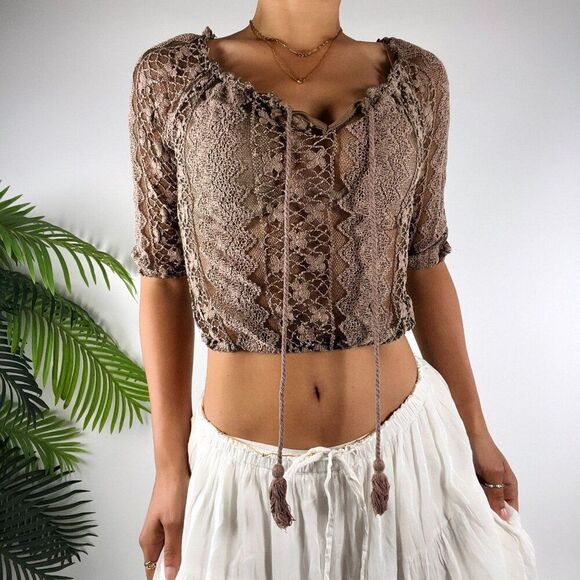 Vintage Brown Floral Fairy Grunge Cottagecore Sheer Knit Bohemian Crop Top / S - Picture 1 of 5